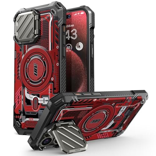 SUPCASE Etui do iPhone'a 15 Pro Max ze stojakiem [kompatybilne z MagSafe] [wbudowana osłona aparatu] [ochrona klasy wojskowej] wytrzymałe magnetyczne etui na telefon iPhone 15 Pro Max, czerwony obwód
