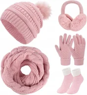 Czapki damskie - ZESTAW ZIMOWY 5 w 1 CZAPKA KOMIN RĘKAWICZKI SKARPETKI NAUSZNIKI RÓŻOWE - miniaturka - grafika 1