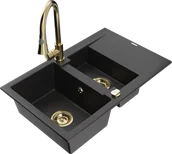 Zlewozmywaki z baterią - Mexen Gaspar zlewozmywak granitowy 1,5-komorowy z ociekaczem i baterią kuchenną Elia, czarny/srebrny metalik - 6507-73-670101-50 - miniaturka - grafika 1