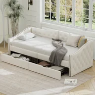 Sofy i kanapy - Fortuna Lai sofa rozkładana 90x200cm z 2 szufladami i stelażem listwowym, łóżko tapicerowane lnem sofa rozkładana z podłokietnikami, biała - miniaturka - grafika 1
