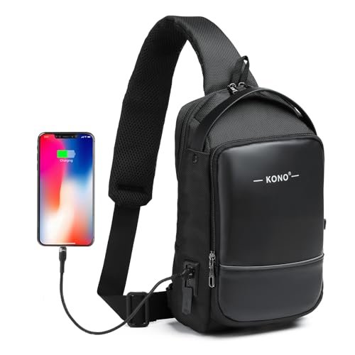 Kono Plecak antykradzieżowy, wodoodporna torba crossbody z portem ładowania USB, modna torba podróżna męska na klatkę piersiową na rower, kemping, spacery, Czarny, Rozmiar Uniwersalny