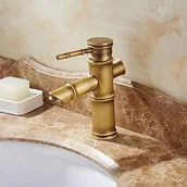 Baterie umywalkowe - Antyczna bateria łazienkowa z bambusa, bateria jednouchwytowa z mosiądzu, bateria zlewozmywakowa z bambusa, niski profil - miniaturka - grafika 1