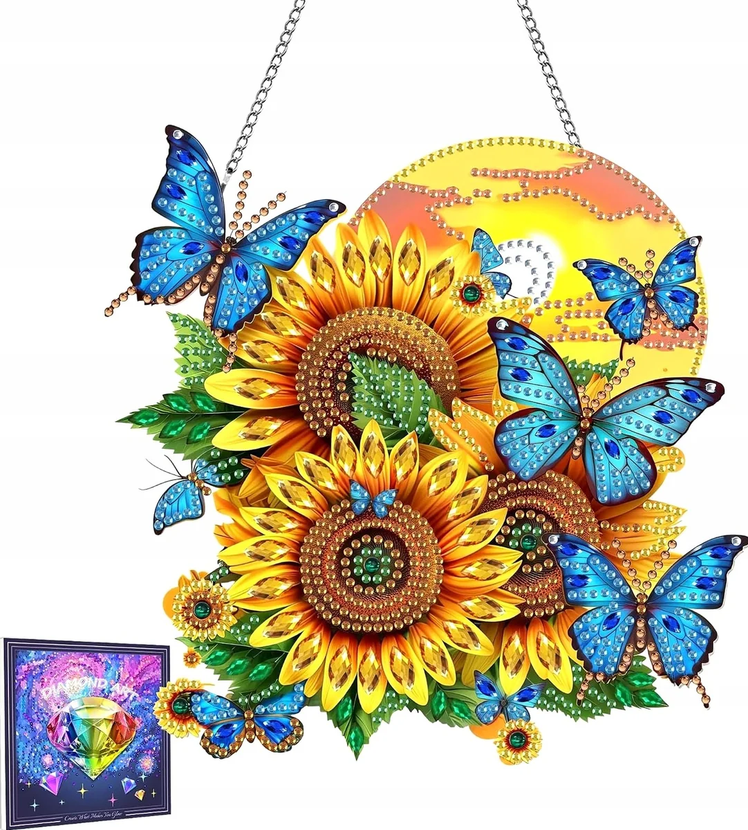 ARTYSTYCZNY ZESTAW 20X20CM DIAMENTOWY WISIORKI DEKORACJA SŁONECZNIK MOTYL