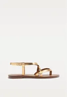 Sandały damskie - Stradivarius Skórzane sandały na płaskiej podeszwie ZŁOTY 40 - miniaturka - grafika 1