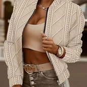 Kurtki damskie - TEMU Teksturowana Kurtka Z Zamkiem Błyskawicznym, Swobodna, Jednokolorowa Kurtka Z Długim Rękawem Na Wiosnę I Jesień, Odzież Damska - miniaturka - grafika 1