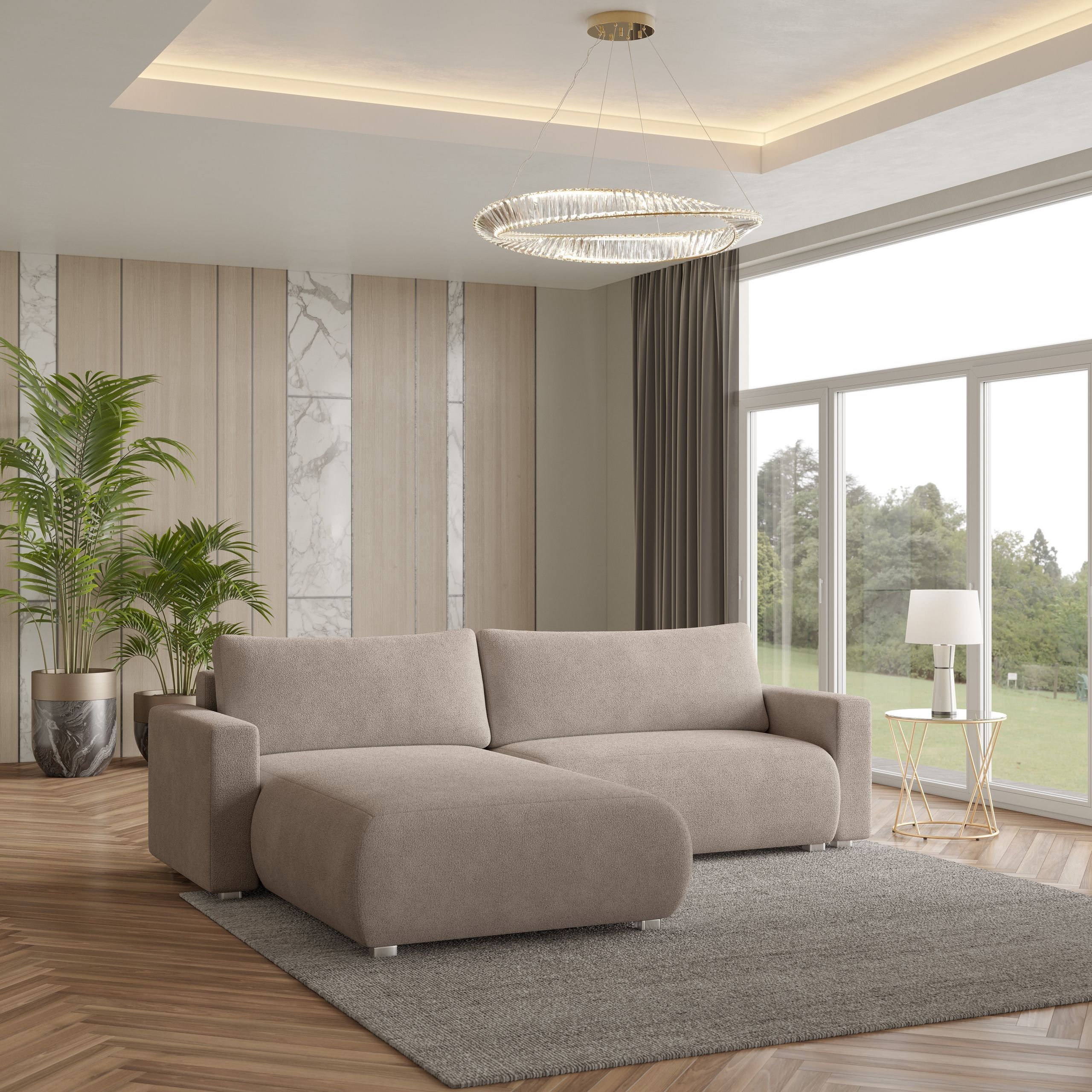 Masseno Narożnik TURIN N z funkcją spania i pojemnikiem na pościel Kształt L, Rozkładana sofa, Rogówka - Beżowy, NOW OR NEVER 05