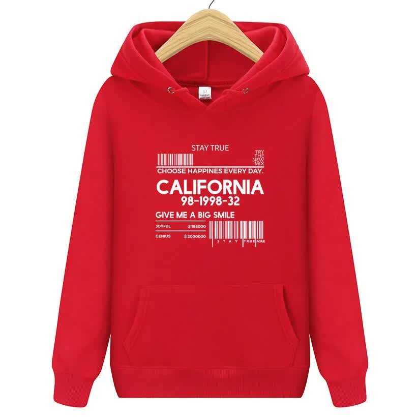 CZERWONA BLUZA DAMSKA Z Kapturem CALIFORNIA Zabawne Wzory Rozmiar XL