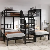 Łóżka dla dzieci i młodzieży - Łóżka piętrowe 140 x 200 cm + 2 x 90 x 200 cm ze schowkami - Metalowe - Czarne (bez materaca) - miniaturka - grafika 1