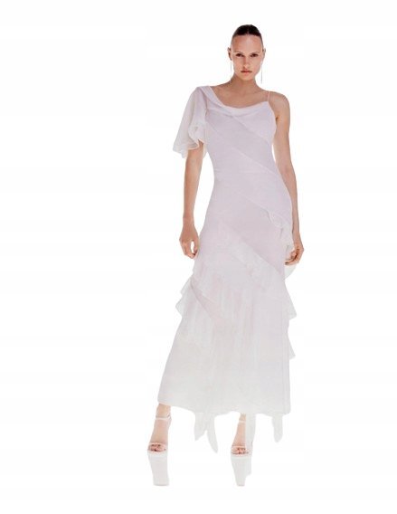 Karen Millen Biała Sukienka Midi z Falbanami i Asymetrycznym Rękawem 42 B1c