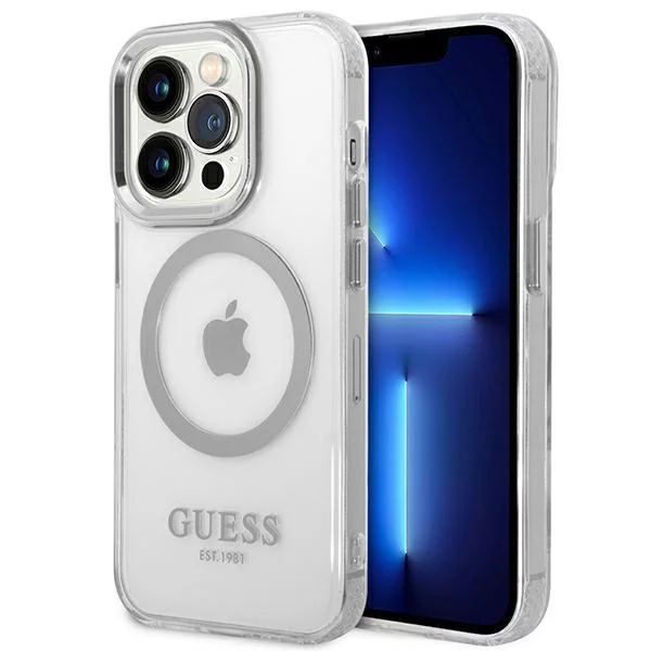 Guess Etui do iPhone 14 Pro 6,1" srebrny/silver hard case Metal Outline Magsafe