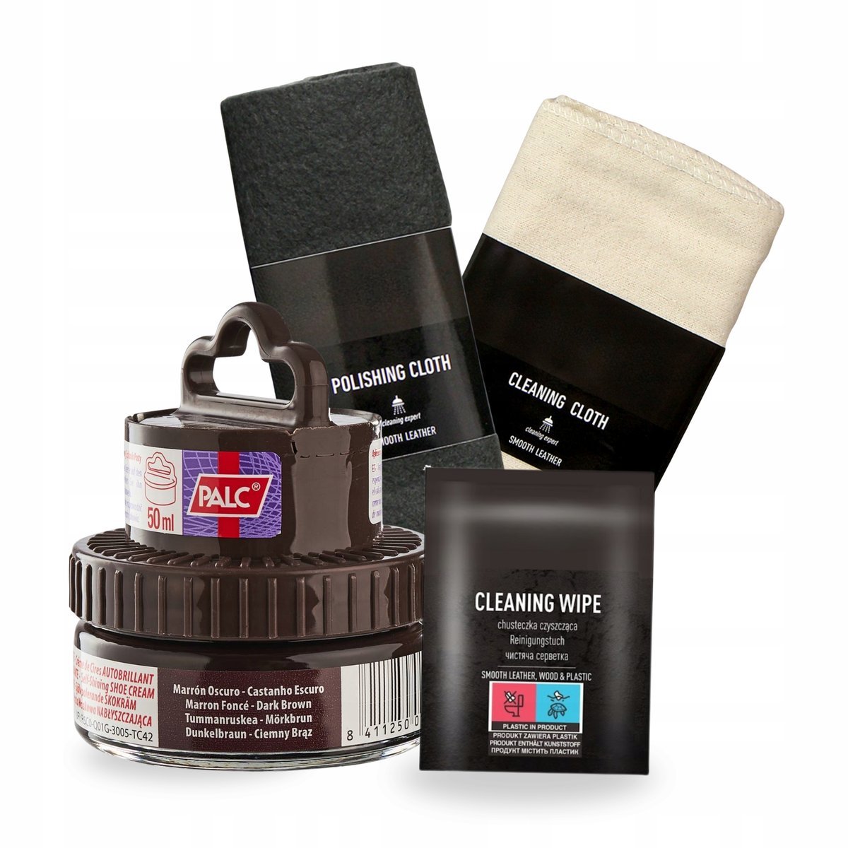 Pasta do Butów Ciemny Brąz Chusteczka i Szmatki do Skóry Palc Zestaw 4w1