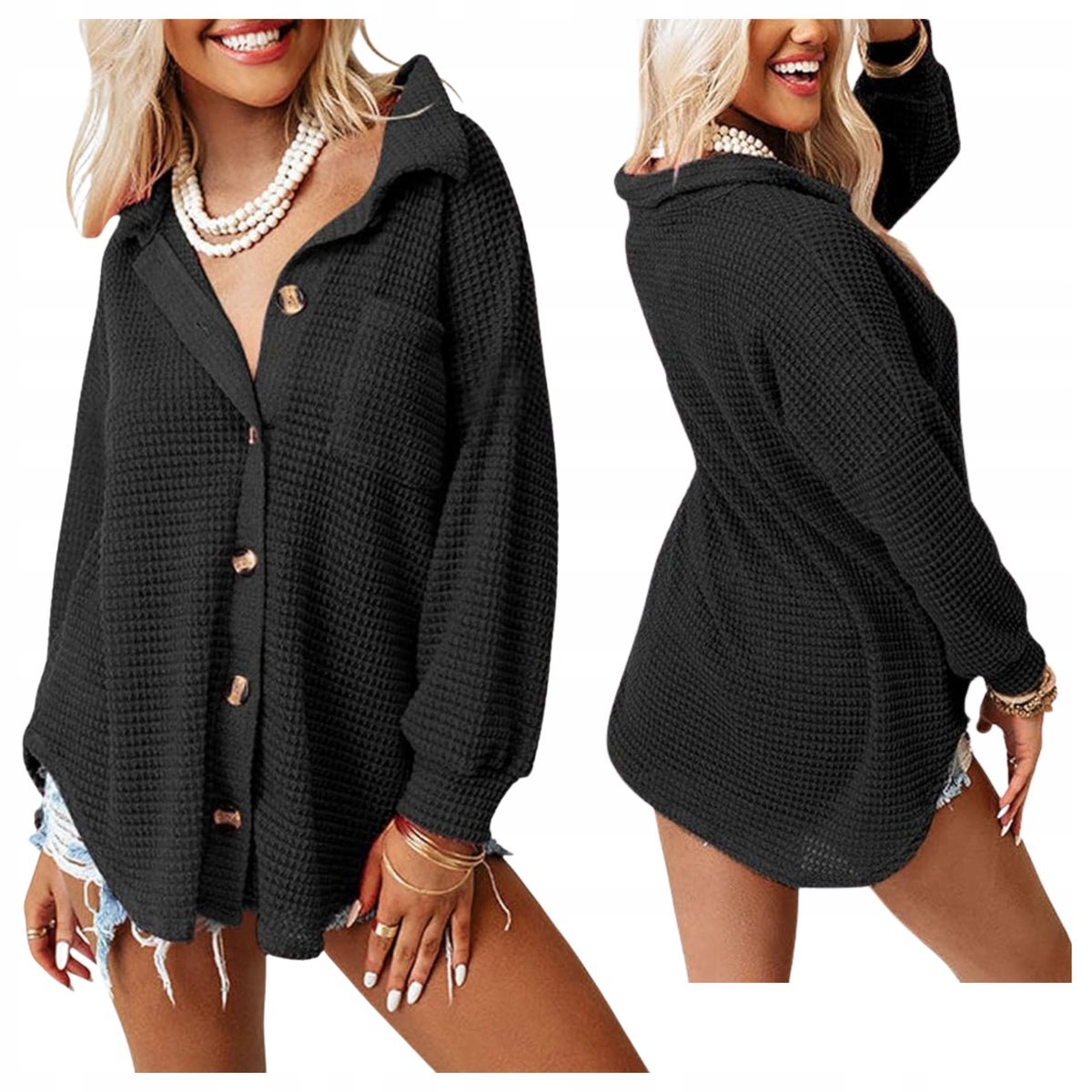 BLUZKA DAMSKA KOSZULA CZARNA DŁUGI RĘKAW NARZUTKA TOP ZAPINANA KLASYCZNA S