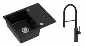 Zlewozmywaki z baterią - Quadron Unique Zlewozmywak granitowy jednokomorowy 62*50*22 cm z ociekaczem MORGAN 116 PURE CARBON z syfonem Push-2-Open w kolorze stalowym z baterią MARILYN Q LINE z ruchomą wylewką kolor czarny - miniaturka - grafika 1