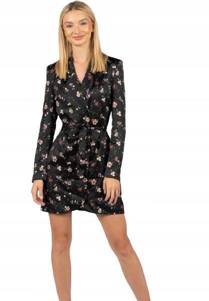 Guess Czarna Sukienka Rozkloszowana w Kwiaty z Kołnierzykiem M G_a