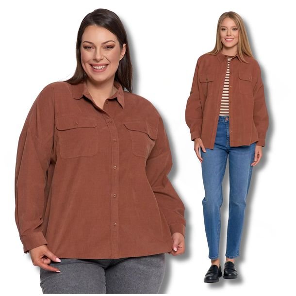 Luźna Koszula Damska Sztruksowa Bawełniana Modna Z Kieszeniami Moraj L/xl