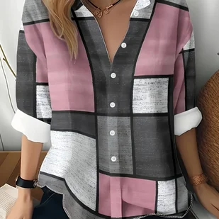 TEMU Koszula Damska w Kratę z Długim Rękawem - Klasyczna Koszulka z Kołnierzykiem na Guziki, Wzór w Różowo-Czarne/Białe/Szare Paski, Lekki Top na - Koszule damskie - miniaturka - grafika 1