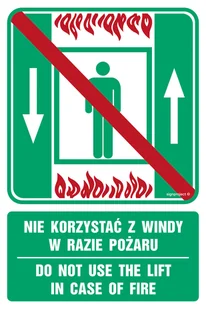 AC070 NIE KORZYSTAĆ Z WINDY W RAZIE POŻARU / DO NOT USE THE LIFT IN CASE OF FIRE, PS - PŁYTA PCV 1MM FOTOLUMINESCENCYJNA; (100X150MM) - Systemy ekspozycyjne i znaki informacyjne - miniaturka - grafika 1