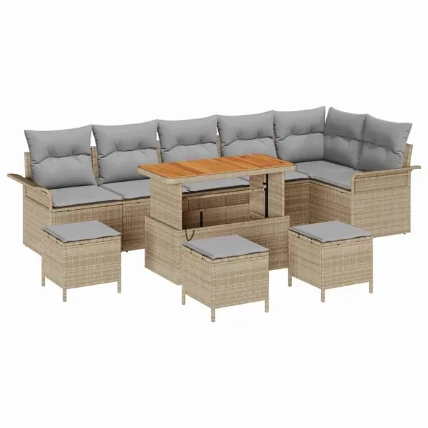Zestaw Ogrodowy Rattanowy dla 8 Osób, Beżowy, Sofa Stół Pufy