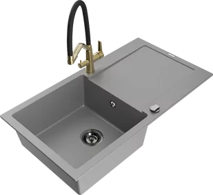 Mexen Leo zlewozmywak granitowy 1-komorowy z ociekaczem i baterią kuchenną Duo, szary - 6501-71-671701-57-B - Zlewozmywaki z baterią - miniaturka - grafika 1
