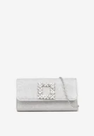 Torebki damskie - Srebrna Torebka Kopertówka z Łańcuszkiem i Aplikacją w Kształcie Klamry Ahenli - miniaturka - grafika 1