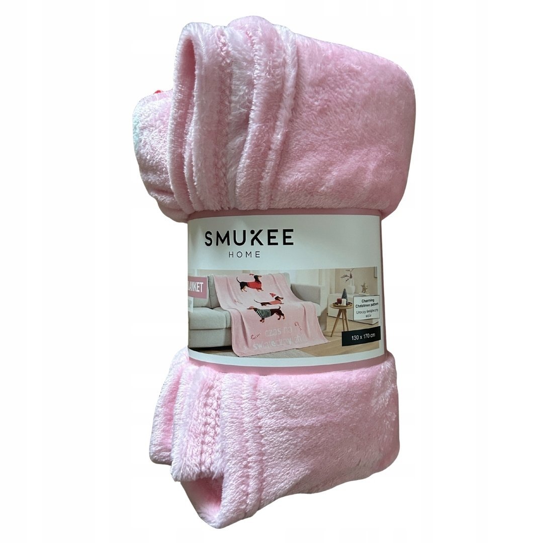 Świąteczny koc 130x170 cm różowy PIESKI jamniki