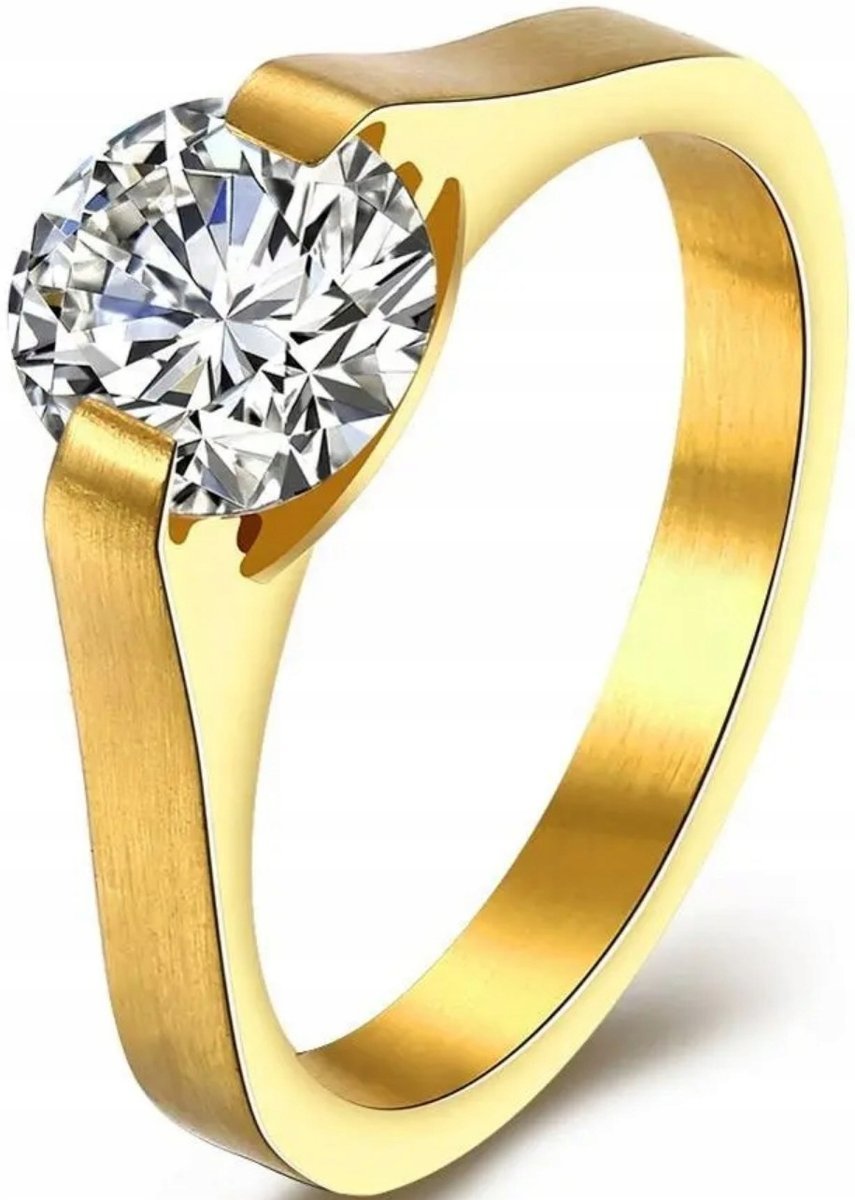 Złoty Pierścionek z Dużym Brylantem Luksusowy Cyrkonia Stal Szlachetna