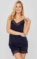 Piżamy damskie - Granatowa satynowa piżama z koronką z krótkimi spodenkami i koszulką na cienkich, Kolor granatowy, Rozmiar 2XL, Mona - Intymna - miniaturka - grafika 1