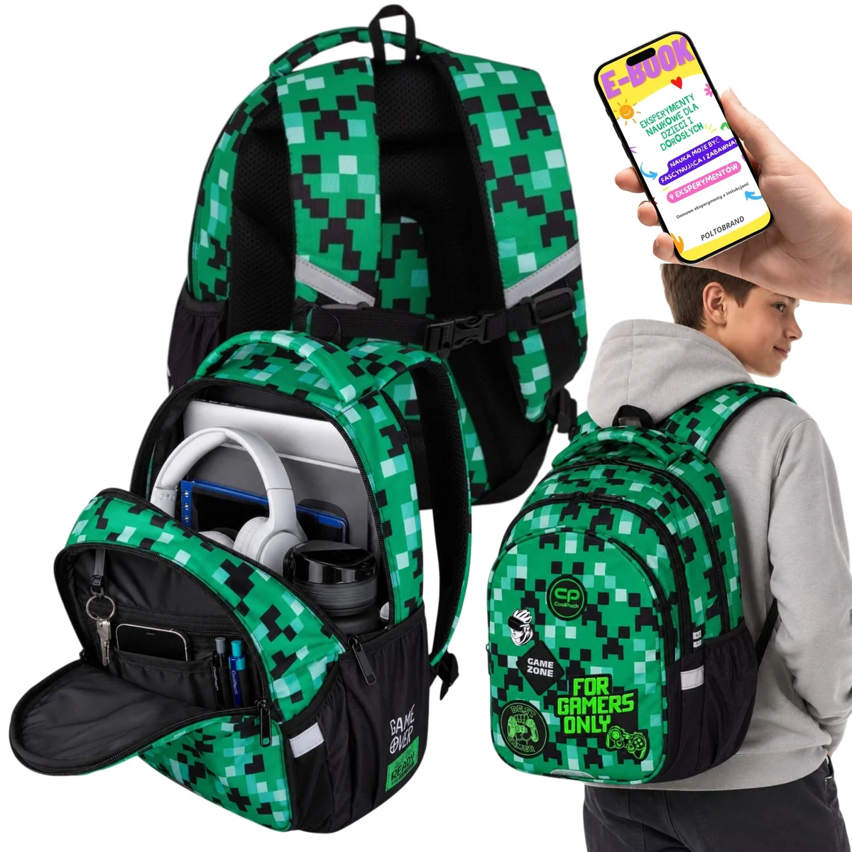 PLECAK SZKOLNY dla CHŁOPCA GAMER CoolPack Game Zone Gaming Zielony A4 19L + E-BOOK