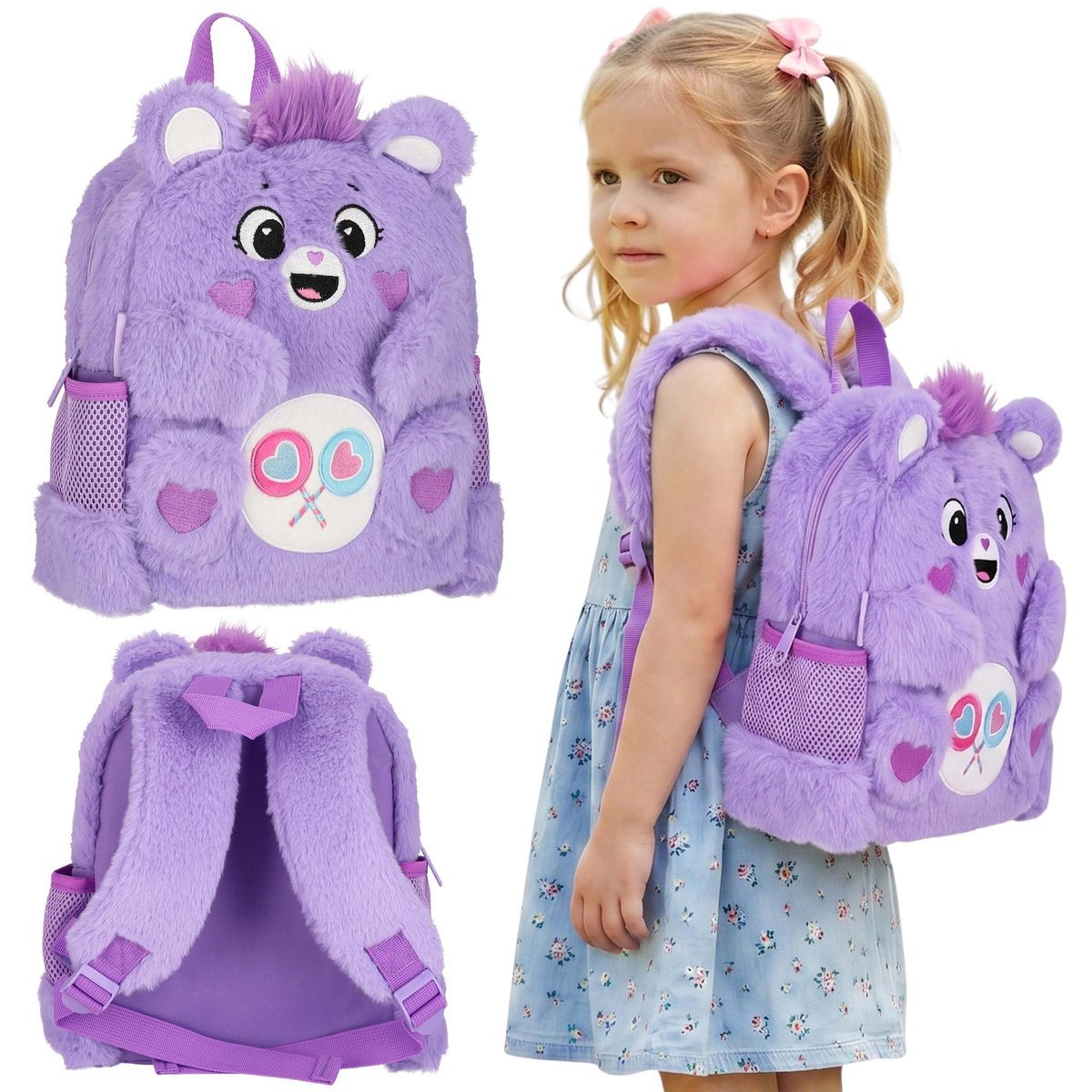 Care Bears Pluszowy, fioletowy plecak dla dziewczynki, MAŁY plecak przedszkolny WYCIECZKOWY 5 L