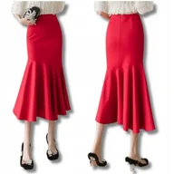 Spódnice - Elegancka Spódnica Damska Midi Czerwona Z Falbanką 3XL Elastyczna Ołówkowa - miniaturka - grafika 1