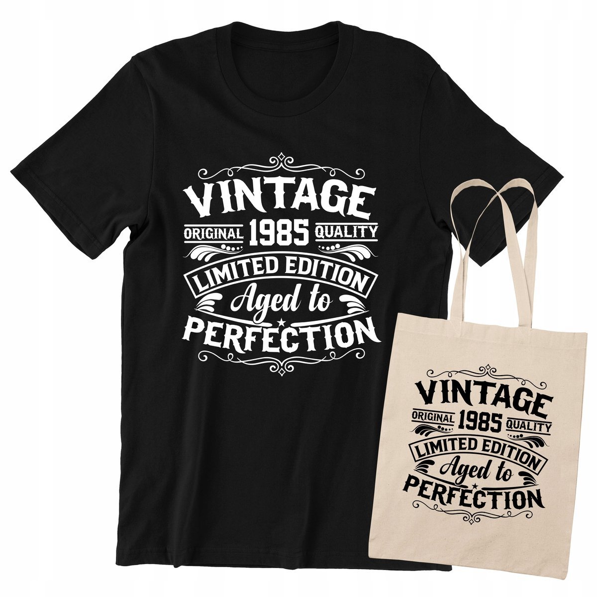 ZESTAW PREZENTOWY KOSZULKA NA URODZINY + TORBA VINTAGE 1985 30 40 50 60 lat