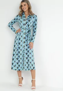 Sukienki - Niebieska Sukienka Maxi z Wiązanym Paskiem i Geometrycznym Wzorem Annalea - grafika 1