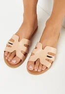 Klapki i japonki damskie - Jasnoróżowe Płaskie Klapki z Paskiem Ozdobionym Wycięciami Linvin - miniaturka - grafika 1