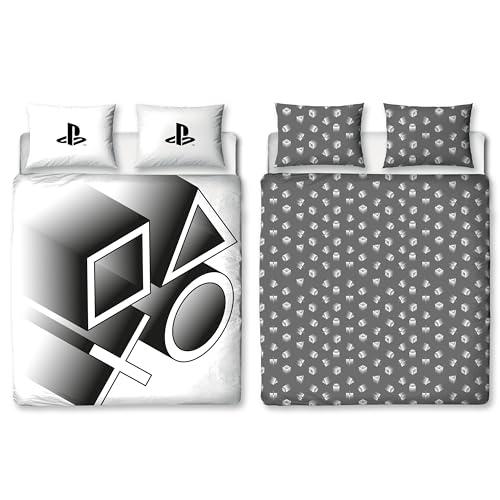 Character World Oficjalny zestaw podwójnych poszewek na kołdrę PlayStation, rozciągliwy design, dwustronna, dwustronna, w tym pasujące poszewki na poduszki, czarno-biały zestaw podwójnych łóżek do