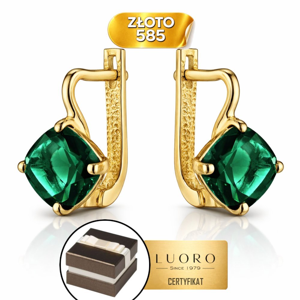 KOLCZYKI ZŁOTE 585 14K ZIELONY KWARC KWADRAT ANGIELSKIE ZAPIĘCIE 14 MM