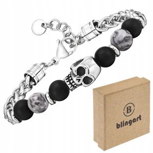 BLINGART Bransoletka męska z CZASZKĄ i koralikami JASPIS stal chirurgiczna - Bransolety męskie - miniaturka - grafika 1