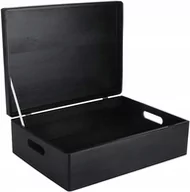 Pudełka i szkatułki - Drewniane pudełko skrzynka z wiekiem i uchwytami, 40x30x14 cm, czarne, do decoupage dokumentów zabawek narzędzi - miniaturka - grafika 1