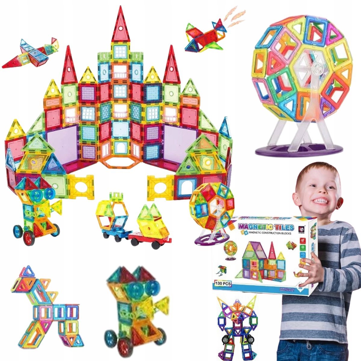 Klocki Magnetyczne Konstrucyjne 3D Zestaw 130 Elementów Duże Dla Dzieci