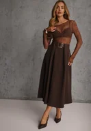 Spódnice - Brązowa Spódnica z Wiskozą o Rozkloszowanym Kroju z Paskiem z Klamrą Tiavela - miniaturka - grafika 1