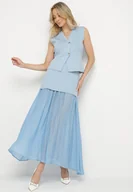 Komplety damskie - Jasnoniebieski Dzianinowy Komplet z Wiskozą Kamizelka na Guziki i Rozkloszowana Spódnica Felinelle - miniaturka - grafika 1