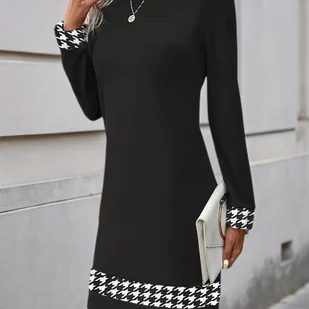 TEMU Kobieca Elegancka Sukienka w Kratę - Kolorowe Bloki, Okrągły Dekolt, Obcisła Fason, Pranie Maszynowe, Uniwersalna Czarno-Biała Midi, Casualowa - Sukienki - miniaturka - grafika 1