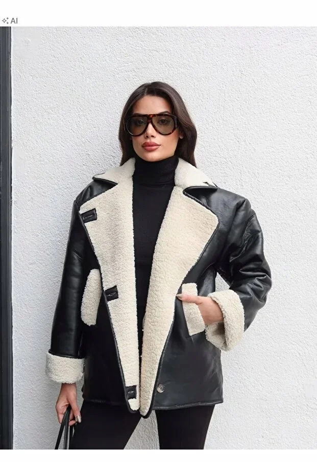 CZARNA PIKOWANA KURTKA DAMSKA Z EKO BARANKIEM OVERSIZE M 5IA