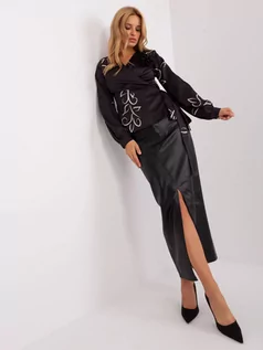 Bluzki damskie - Bluzka wizytowa czarny elegancki elegancka dekolt w kształcie V rękaw długi wiązanie - grafika 1