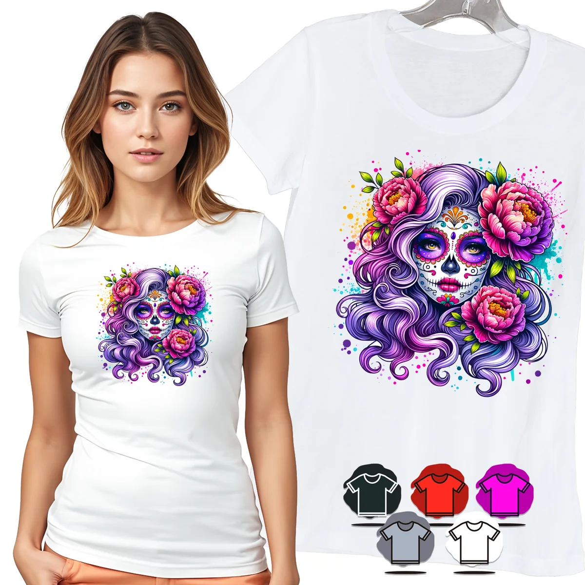 KOSZULKA DAMSKA T-SHIRT - SANTA MUERTE FIOLETOWE WŁOSY KWIATY WZÓR - M
