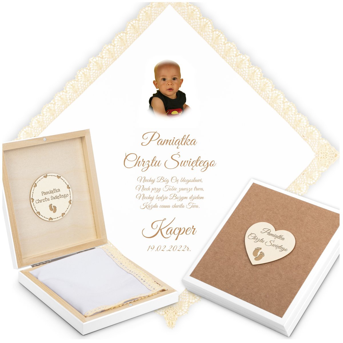 Szatka do Chrztu z Imieniem Biała Szatka na Chrzest ze ZDJĘCIEM PUDEŁKO szt