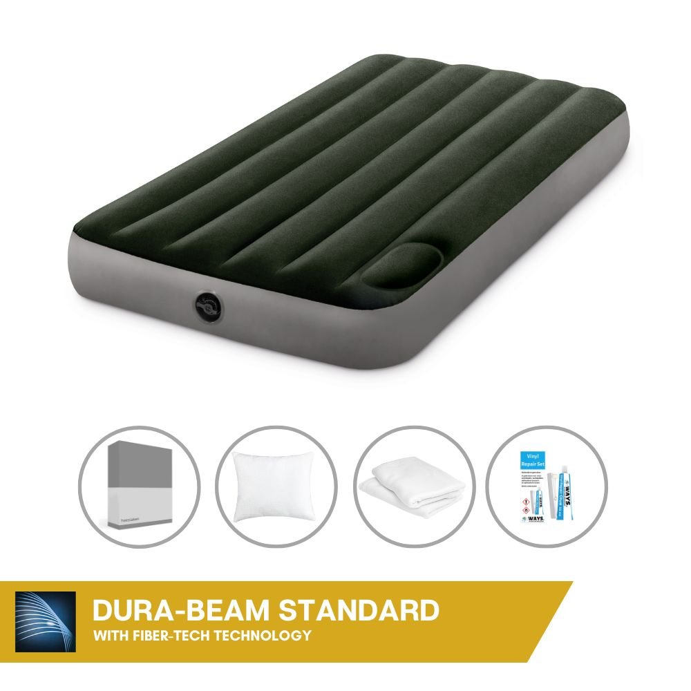 Dmuchane łóżko Intex - 1 osoba - 99 x 191 x 25 cm - Zielony - Z wbudowaną pompką nożną + prześcieradło antracytowe + poduszka + poszewki Molton 2 w 1 + zestaw naprawczy
