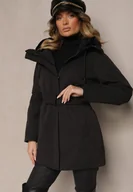 Kurtki damskie - Czarna Długa Kurtka Pikowana z Bawełną i Kapturem Ozdobiona Paskiem z Klamrą Seniraen - miniaturka - grafika 1