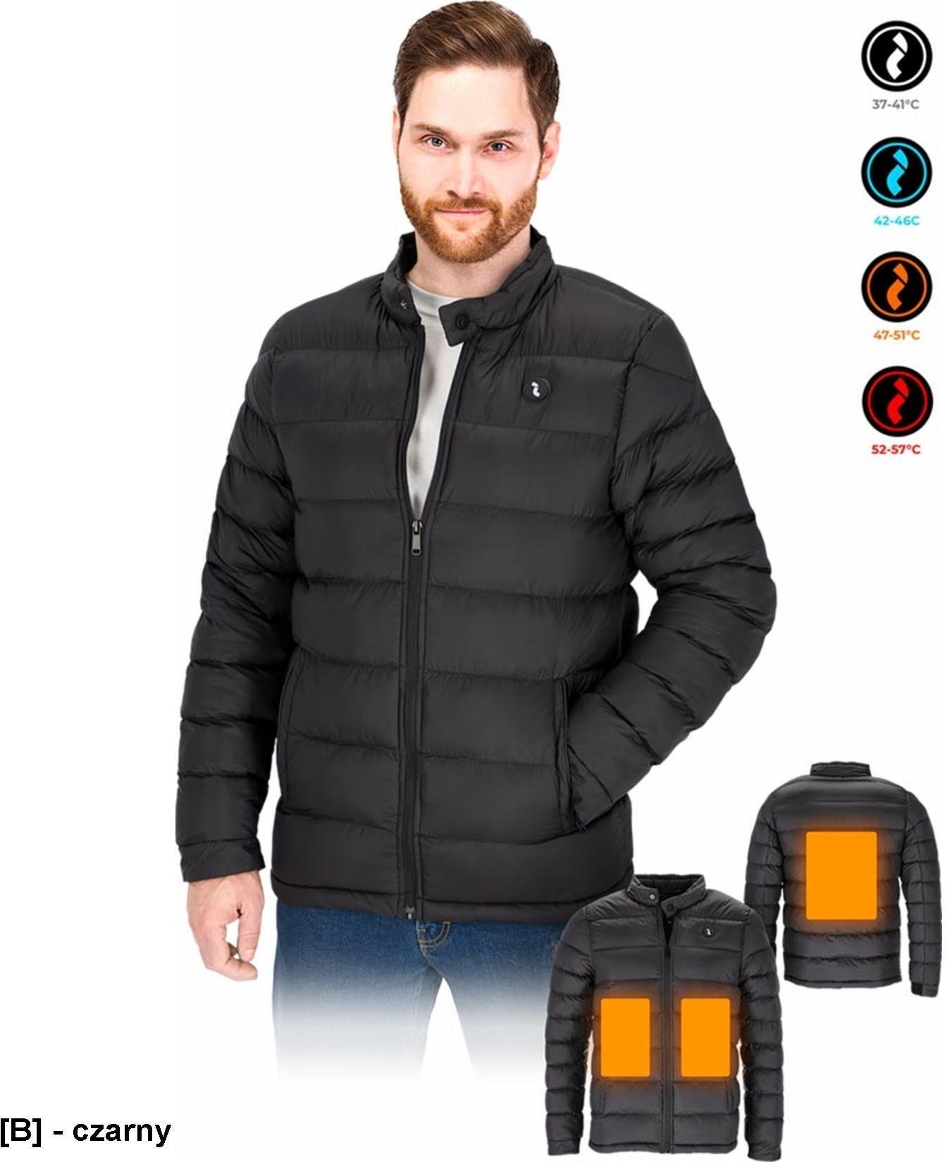 Pikowana kurtka ochronna ocieplana, męska zamek błyskawiczny wodoodporne panele grzewcze 3 tryby powerbank USB A SLOP - czarny 2XL