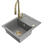 Zlewozmywaki z baterią - Mexen Enzo zlewozmywak granitowy 1-komorowy z ociekaczem i baterią kuchenną Savita, szary - miniaturka - grafika 1