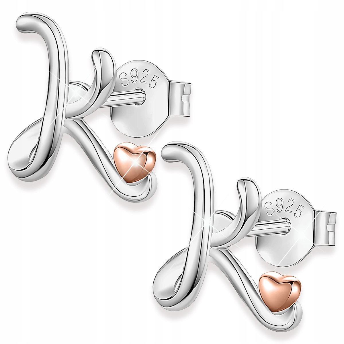 Kolczyki Srebrne Serce Litery z Sercami Wkrętki Litera Literka K SREBRO 925